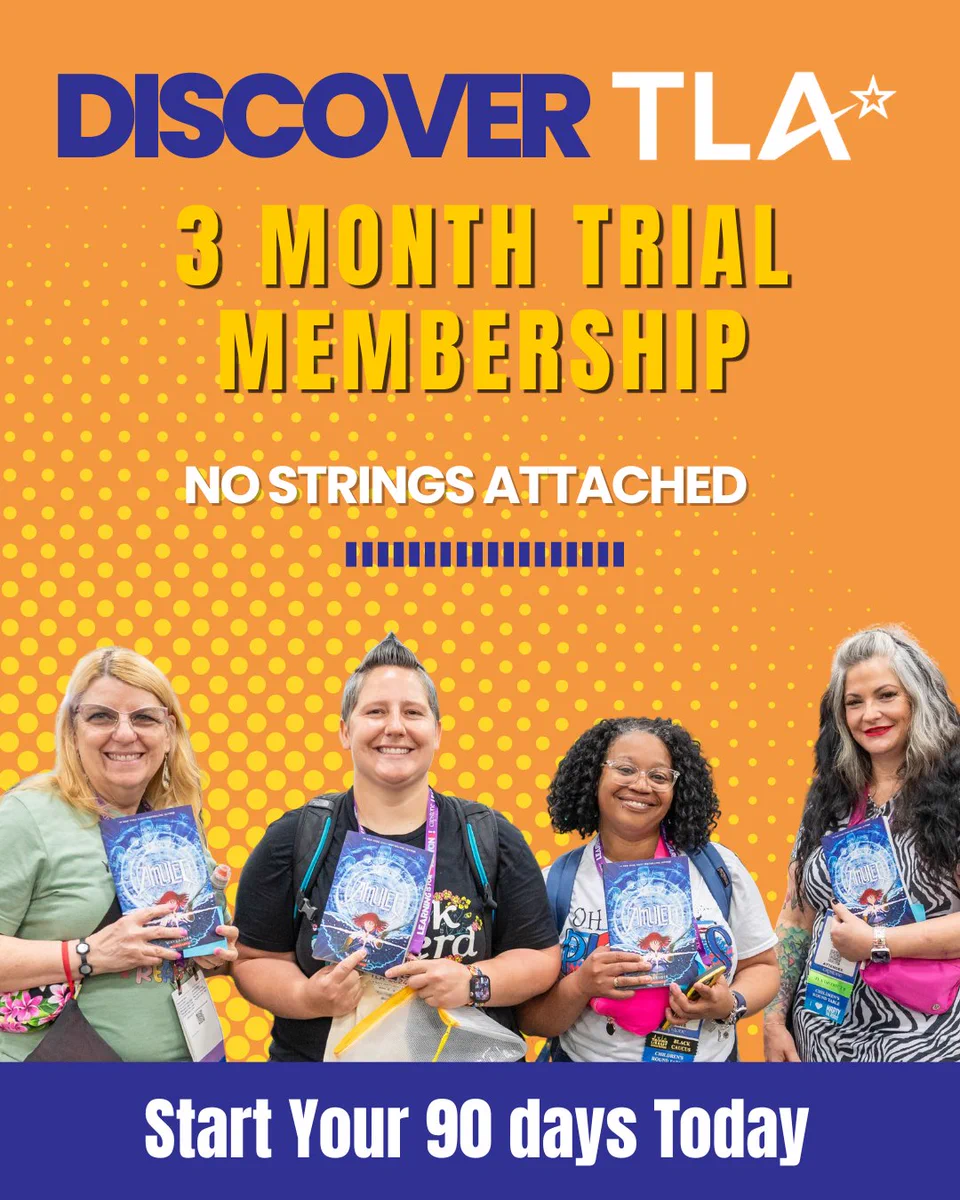 Four smiling women holding books, promoting a TLA 3-month trial membership on an orange background.