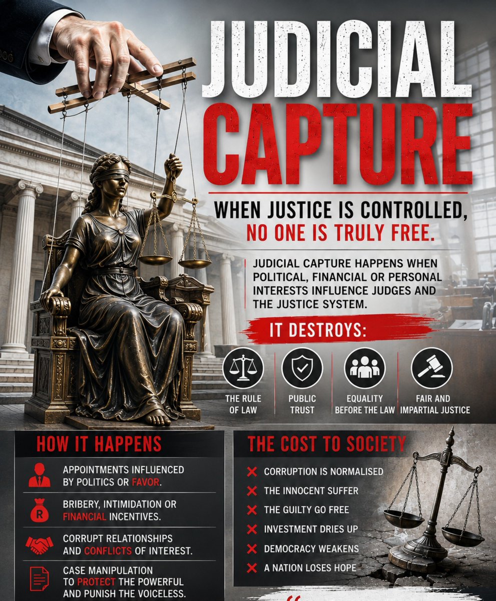 _AfricanSoil's tweet photo. ⚖ Appointing lawyers to be Judges so that they can protect you from your crimes and be baised; should be deemed as TREASON.

⚖ Appointing lawyers to being Judges as a "thank you for a favour" should also be deemed as TREASON.

⚖ Elevating corrupt Judges to top positions in the judiciary to look out for you and shield you from accountability should be deemed as TREASON.

-End-