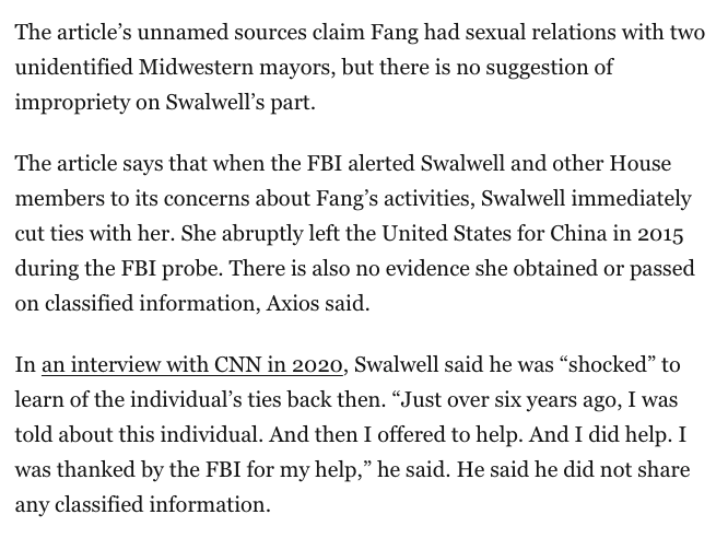 tomselliott's tweet photo. Of course professional "fact checker" Glenn Kessler rated the claim Swalwell acted improperly w/ his Chinese honeytrap "Four Pinnochios." 

"There is no suggestion of impropriety on Swalwell’s part." https://t.co/D02xxFlmLX