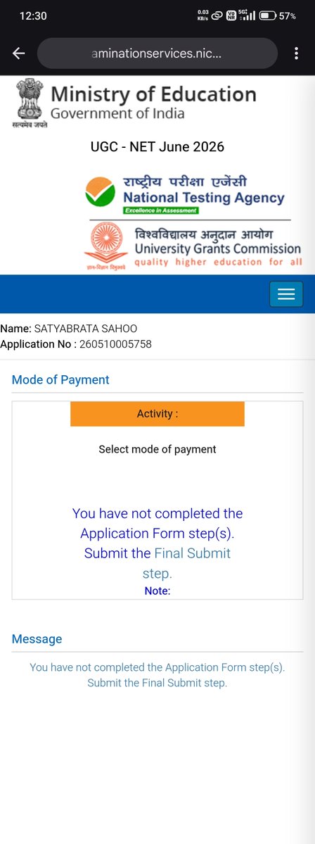 satya1244's tweet photo. @NTA_Exams just filling form for challenge of answer key of UGC NET but in the payment section should this type of message. Although completed all steps in filling application. 

Kindly fix this as soon  as possible as today 18th August is last date of challenge. @abhish18 https://t.co/k8EPHcp5lG