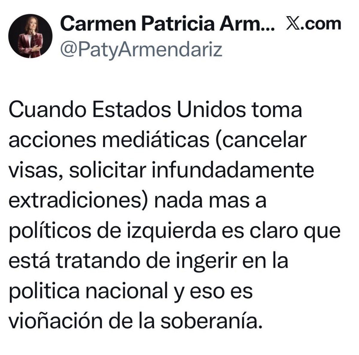 PelonGomis's tweet photo. Patricia, si Estados Unidos decide quién puede entrar a Estados Unidos, no está interviniendo en la soberanía mexicana... ¡Está ejerciendo la estadounidense! 

@PatyArmendariz https://t.co/xldtu0dE1G