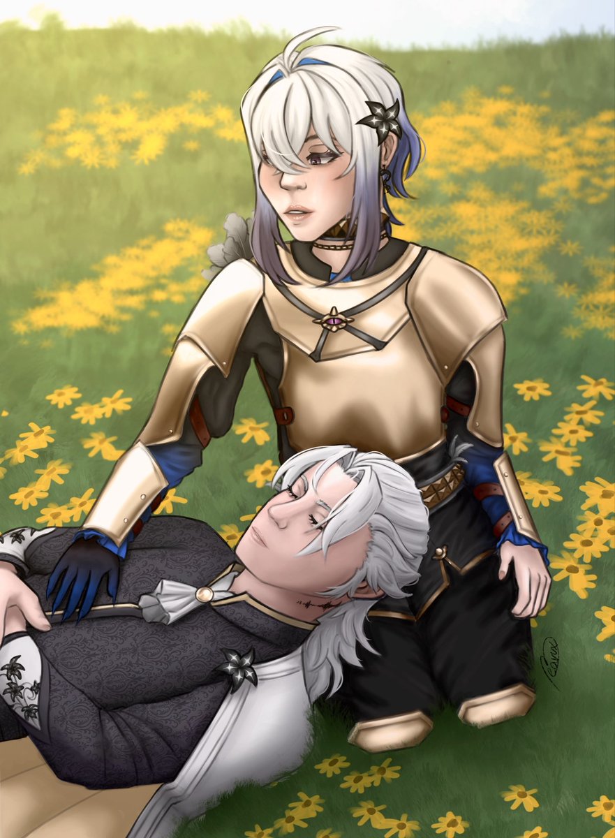 xStellax_x's tweet photo. „The prince has decided that this field is a perfect spot for a nap.”

I had this idea in my mind for a while and I finally finished it! :D

#wutheringwaves #angelmist #galbrena #aalto https://t.co/KjSTafvf44