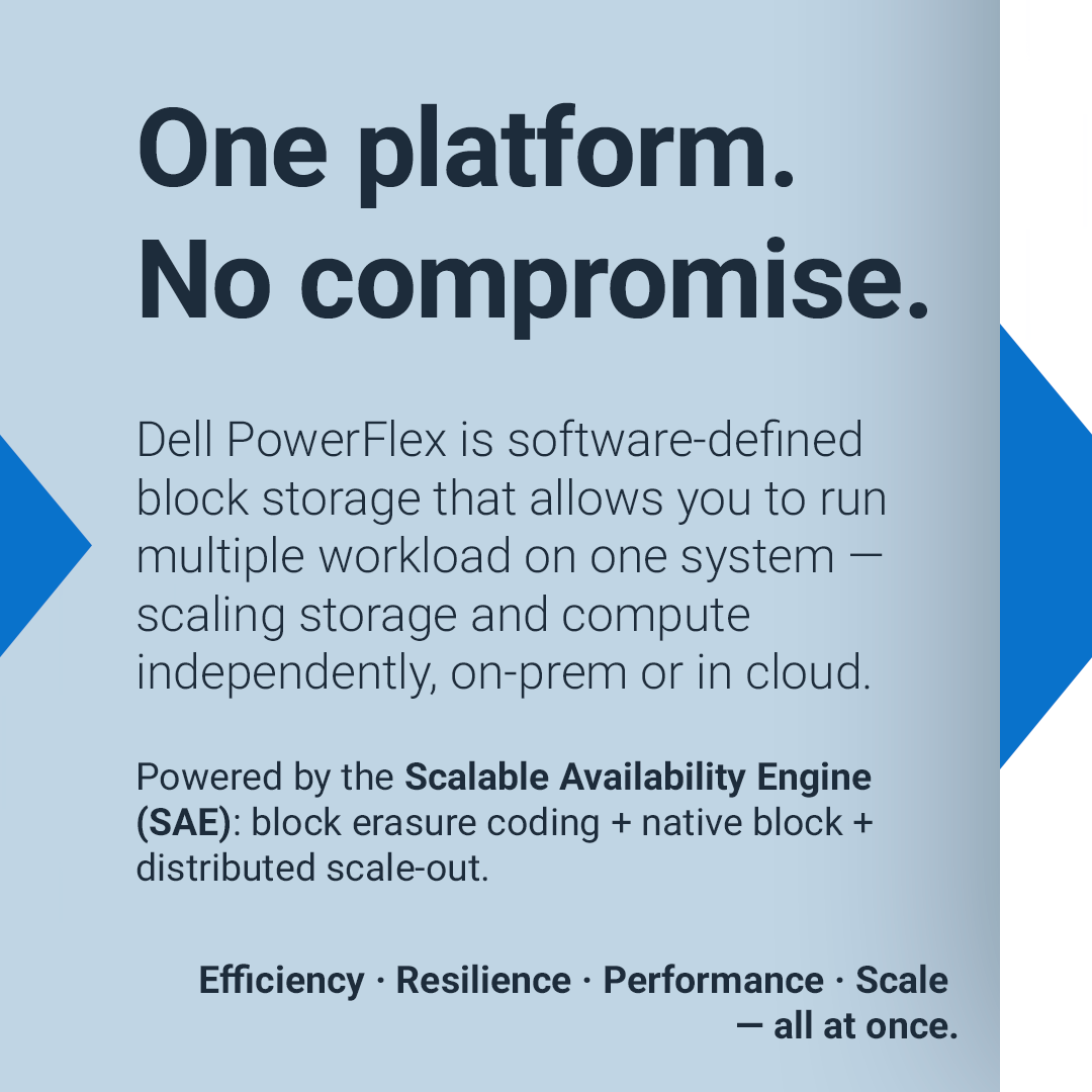 DellTechPartner's tweet photo. With Dell PowerFlex, your customers can enjoy efficiency, resilience, and performance without trade-offs. This software-defined architecture supports a wide range of workloads—from databases to AI—on a single platform. When storage empowers rather than limits, partners can help customers innovate faster and gain a competitive edge. Learn more: https://t.co/G8mKa9kBcD