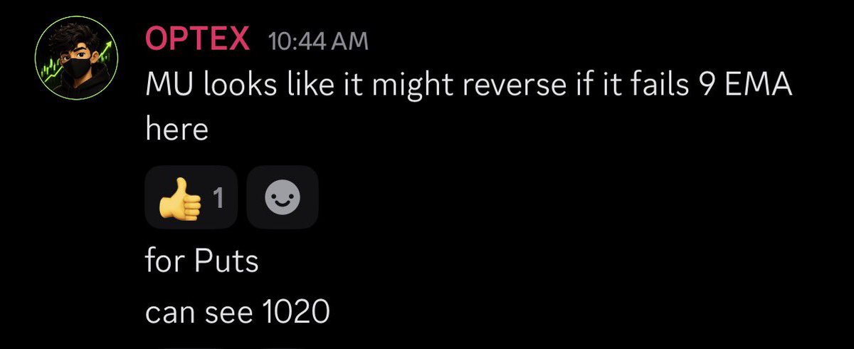 optextrades's tweet photo. Perfectly timed the reversal on $MU today and ran past my PT of 1020. 🎯🔥

Discord Members  absolutely BANKED TODAY 🤑💵 https://t.co/pEWaGLqAjE