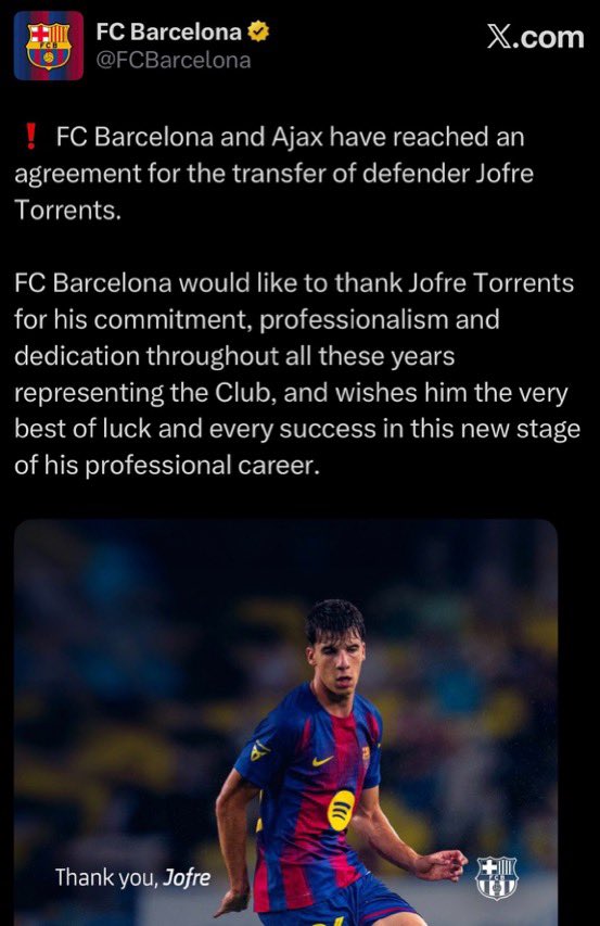 AnabellaMarvy's tweet photo. Look at the difference between Ferran Torres farewell message and Jofre Torrents’ farewell message, who isn’t even fully a first-team player 😭 https://t.co/bafwMasSBv