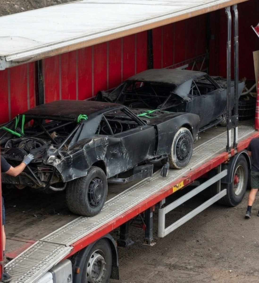 TheBatmanSaga's tweet photo. The Batmobile is damaged in new set photos from “THE BATMAN PART II” 🦇 https://t.co/N8uMvdYpZQ
