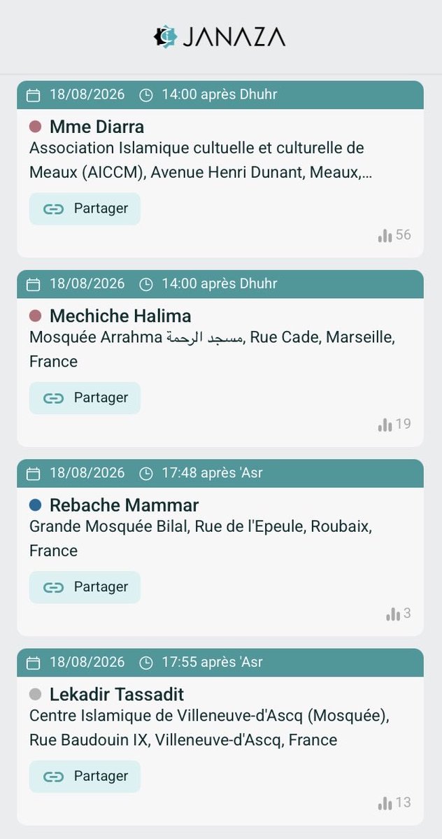 janaza_app's tweet photo. ⚰️ 19 Salat Janaza Mardi 18 août 2026
🚨 PARTAGEZ — Barak’Allahu fikoum

🌐 Ajouter une Janaza : https://t.co/VoxFyYAr1P
📱 App iOS &amp; Android : https://t.co/Ckx5FQr3vd https://t.co/B6lVNdyyVi