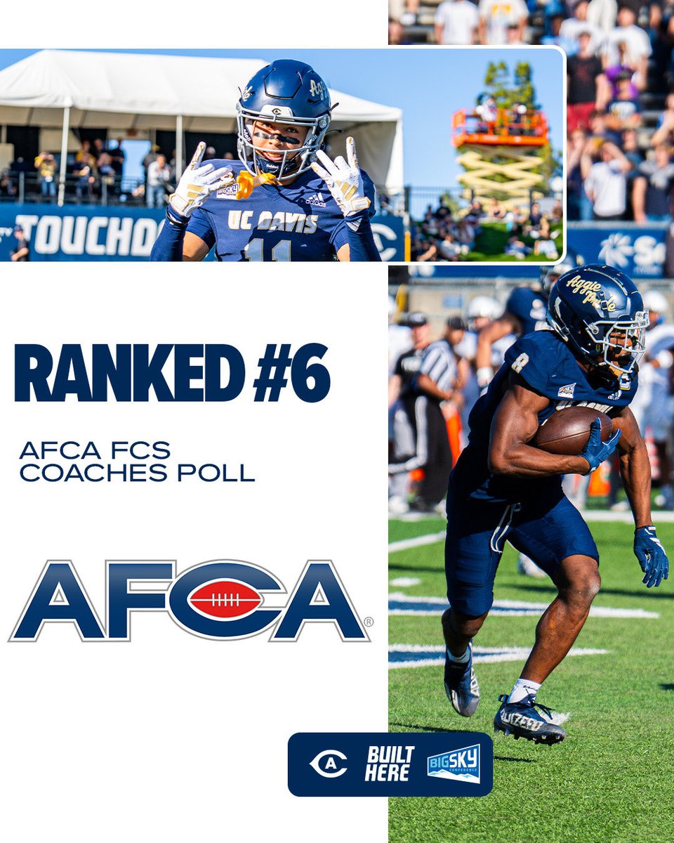 UCDfootball's tweet photo. Ranked No. 6️⃣ by @WeAreAFCA 👏👏

Less than 2️⃣ weeks to go till kickoff 🤩🤩

#GoAgs | #Shredville https://t.co/9iMeYfZYGZ