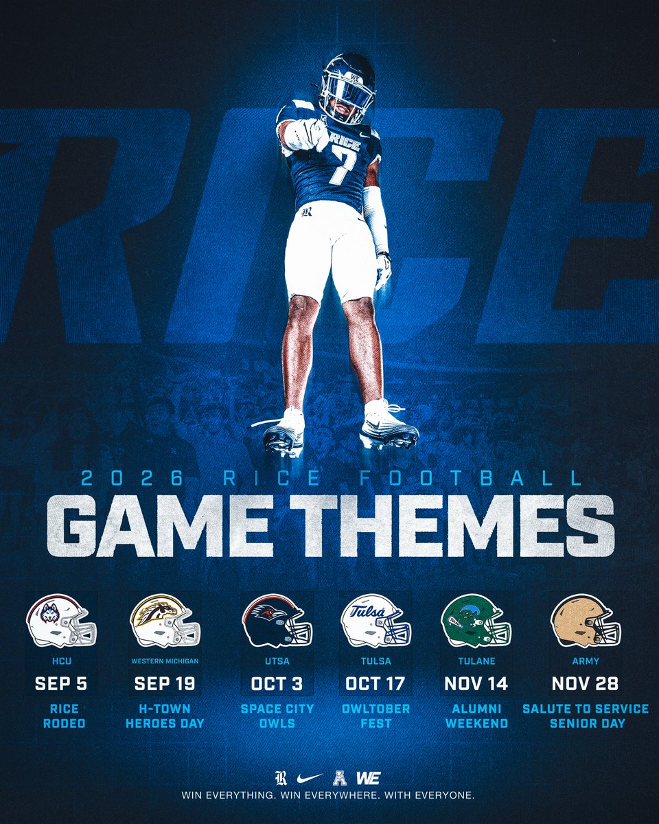 RiceFootball's tweet photo. Our 2026 Game Themes are HERE‼️ 🏟️

See you this fall, Owl Nation‼️

#WE | #ReptheR https://t.co/b0eS0faR4r