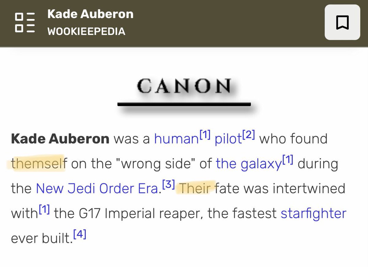 groovygrayvy's tweet photo. I hope wookieepedia keeps they/themming Kade after the movie comes out https://t.co/mjLBqU822f