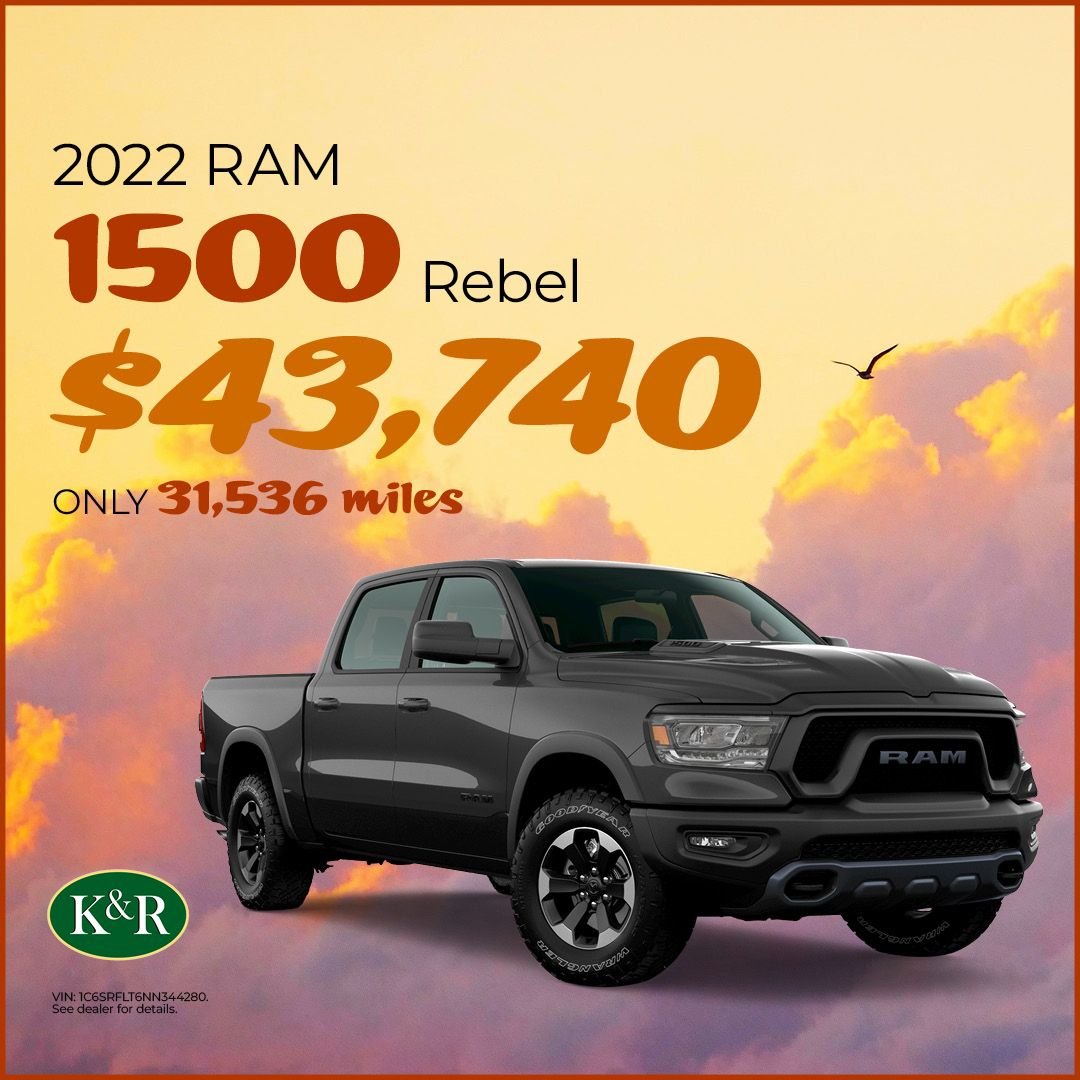 KRAutoSales's tweet photo. Get behind the wheel of this 2022 RAM 1500 Rebel for just $43,740! With only 31,536 miles, this truck is ready for work, adventure, and everything in between. Stop by K &amp; R Auto Sales today! Learn more: https://t.co/WBzQBikKBg

#ram #ramtrucks #ram1500 #auburn #maine https://t.co/pY03pHjBKs