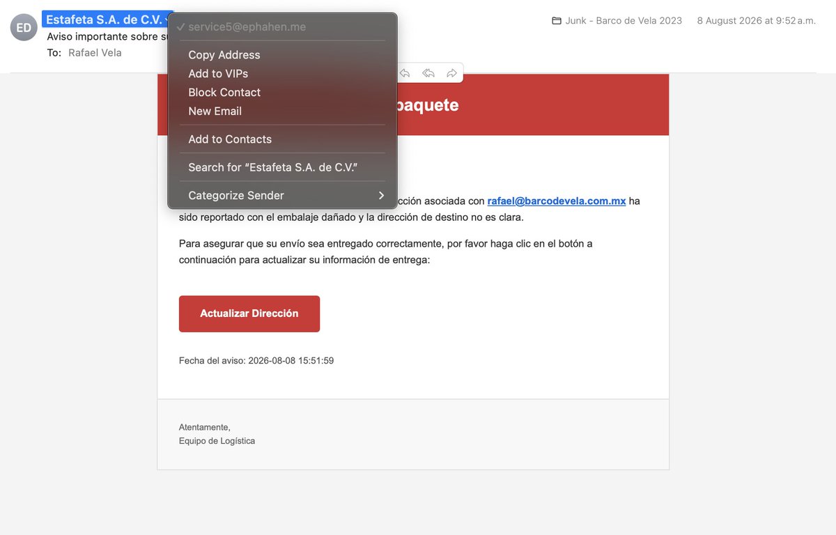 Izuzvo's tweet photo. @estafeta me llegó un correo de phising a su nombre.

y ando reportando el remitente. https://t.co/y1E8ym17wZ