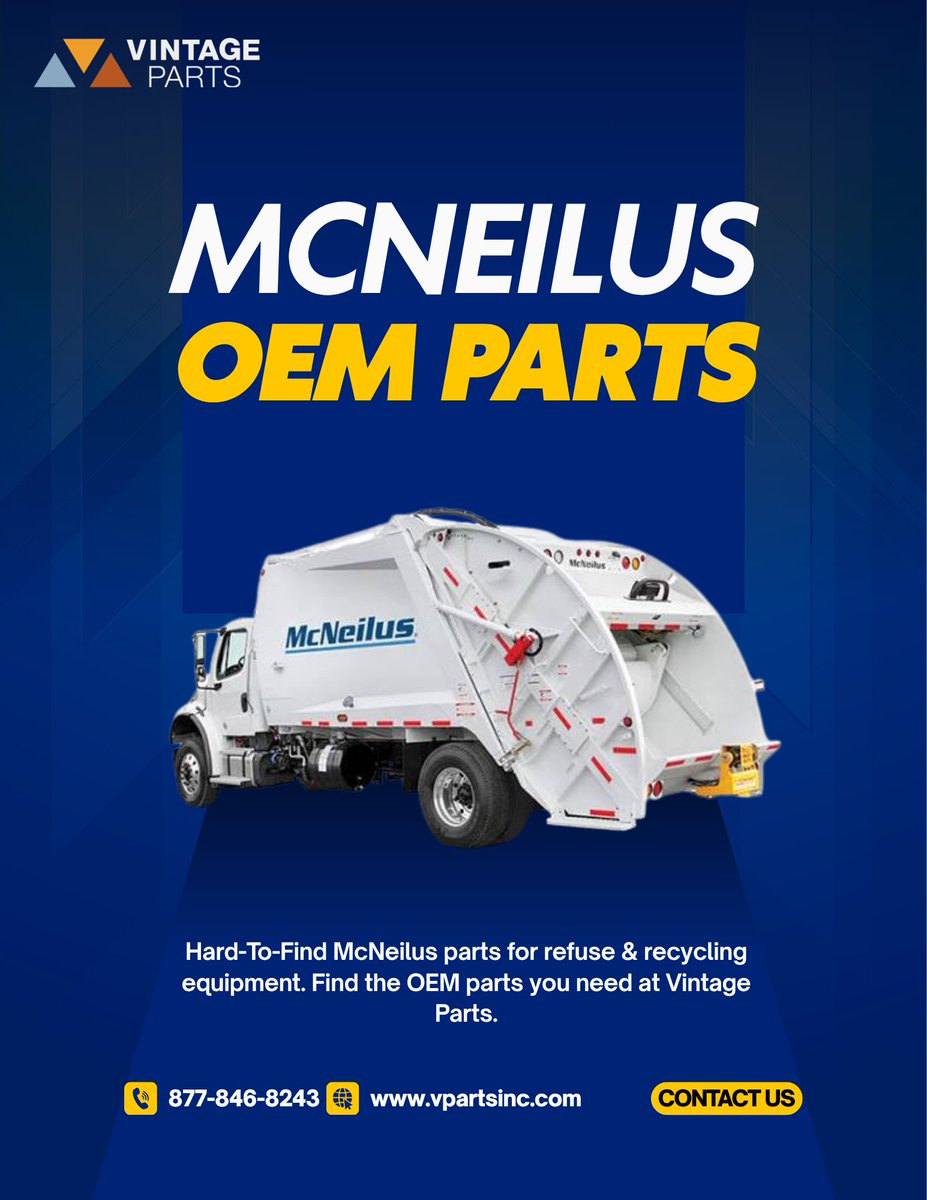 VPartsInc's tweet photo. ☀️🚛 Summer is winding down, but your fleet still has work to do!

Find genuine McNeilus OEM parts at Vintage Parts Inc., including slow-moving and hard-to-find inventory for refuse &amp; recycling equipment. ♻️🔧

🌐 https://t.co/5UrY4MIXSf
📞 1-877-846-8243
#McNeilus #OEMParts https://t.co/8BQPvpk9d5