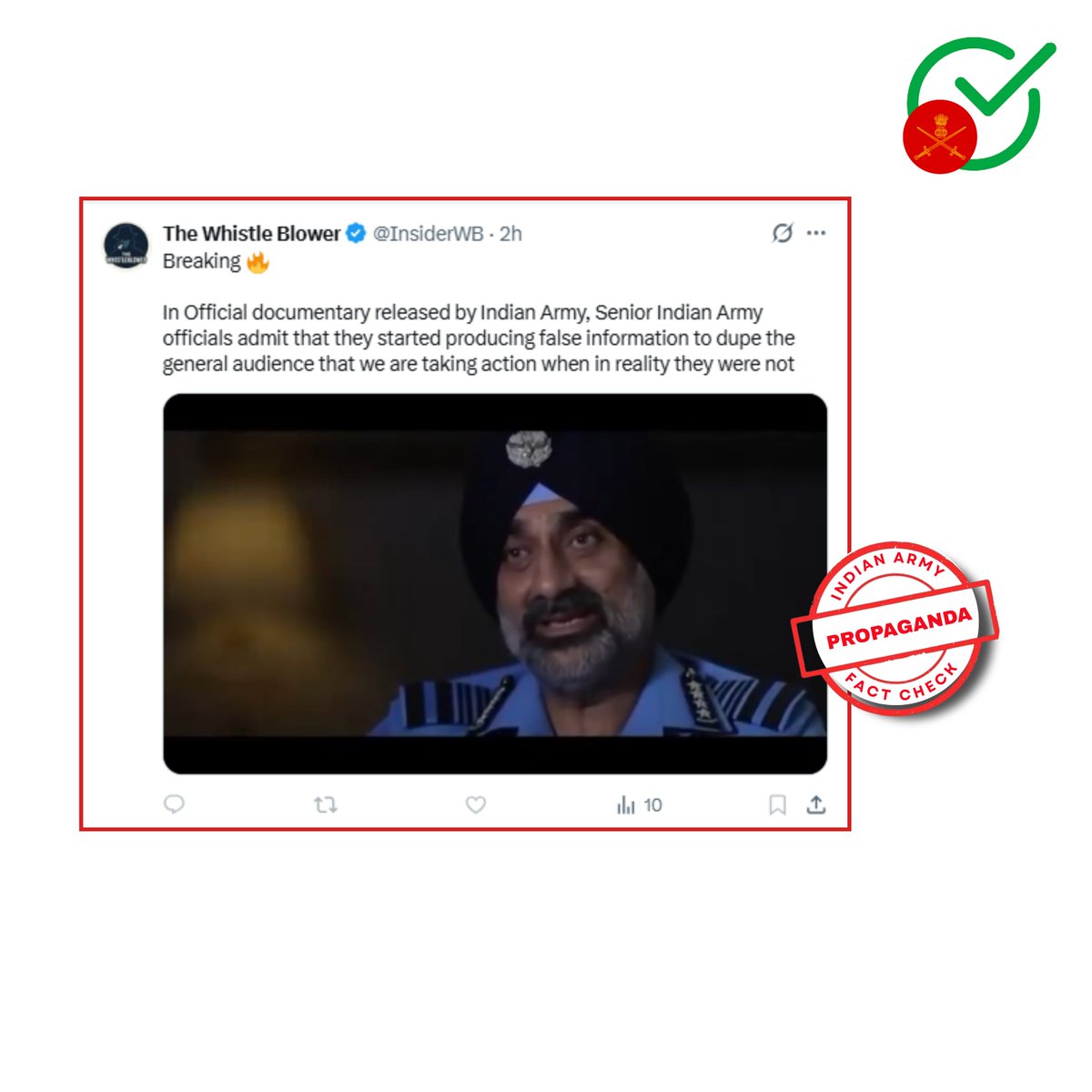 MythbusterXX's tweet photo. 🚨 Filter the Fiction 

❌ Propaganda accounts are using selective clips from Discovery’s ‘Declassified: Operation Sindoor’ documentary and pushing a fabricated narrative that senior Indian Armed Forces officials like Chief of Air Staff “admitted producing false information” to deceive the public.

✅ FACT: The clip is being presented with a false and misleading interpretation. Discussion about strategic communication and countering hostile narratives is being deliberately twisted into an alleged admission of spreading fake information.

❌ At no point does the available material substantiate the sensational claim that the Indian Armed Forces admitted “duping the general audience” by manufacturing false information.

🎯 Propaganda Playbook:
Authentic documentary clip + selective extraction + distorted interpretation + fabricated caption = a fake narrative manufactured for propaganda.

⚠️ A genuine video does not make a fabricated interpretation & edited audio genuine.

#FactCheck
#Disinformation
#OperationSindoor
#CognitiveCitizen
@adgpi
@IAF_MCC
@GoI_MeitY
@PIBFactCheck