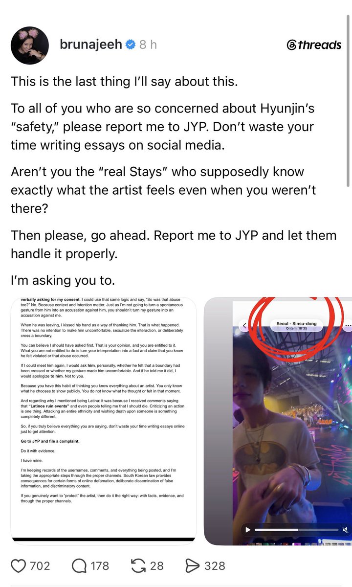 bahngminiverse's tweet photo. What you did was wrong, and you need to accept that. You don’t get to justify it just because Hyunjin came back, talked to you, and took a picture with you. That does NOT mean he was okay with what you did.

He was being kind and professional. They are practically trained to handle situations like this and remain polite with fans. Don’t confuse kindness with consent.

What you did was a serious violation of his boundaries. He is someone you don’t know personally, and he doesn’t know you. You cannot just touch someone or cross a boundary because you’re a fan and then use their kindness afterward as proof that it was okay.

Honestly, I can’t believe you’re a grown woman and still don’t understand why this was wrong. You need to take accountability instead of looking for excuses.