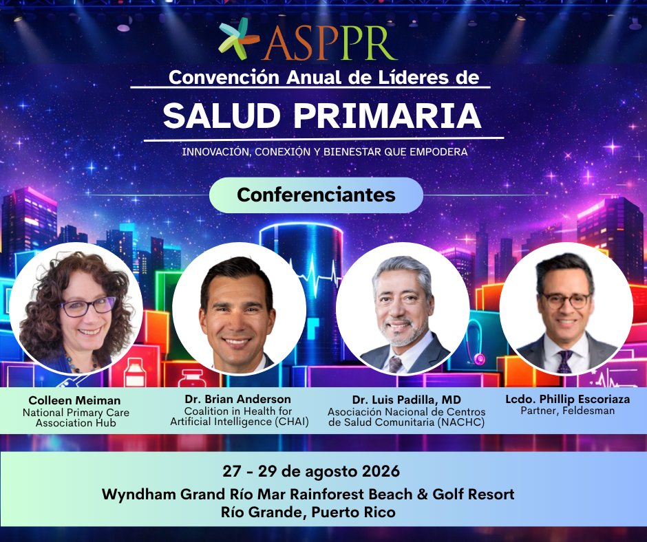 saludprimariapr's tweet photo. Conoce a parte de los conferenciantes de nuestra Convención Anual de Líderes de #SaludPrimaria, donde hablaremos de innovación, IA, salud comunitaria y nuevas oportunidades para el sector.
📅 27–29 de agosto de 2026
📍 Wyndham Grand Río Mar | Río Grande, Puerto Rico
#ASPPR https://t.co/CTYStnVz4w