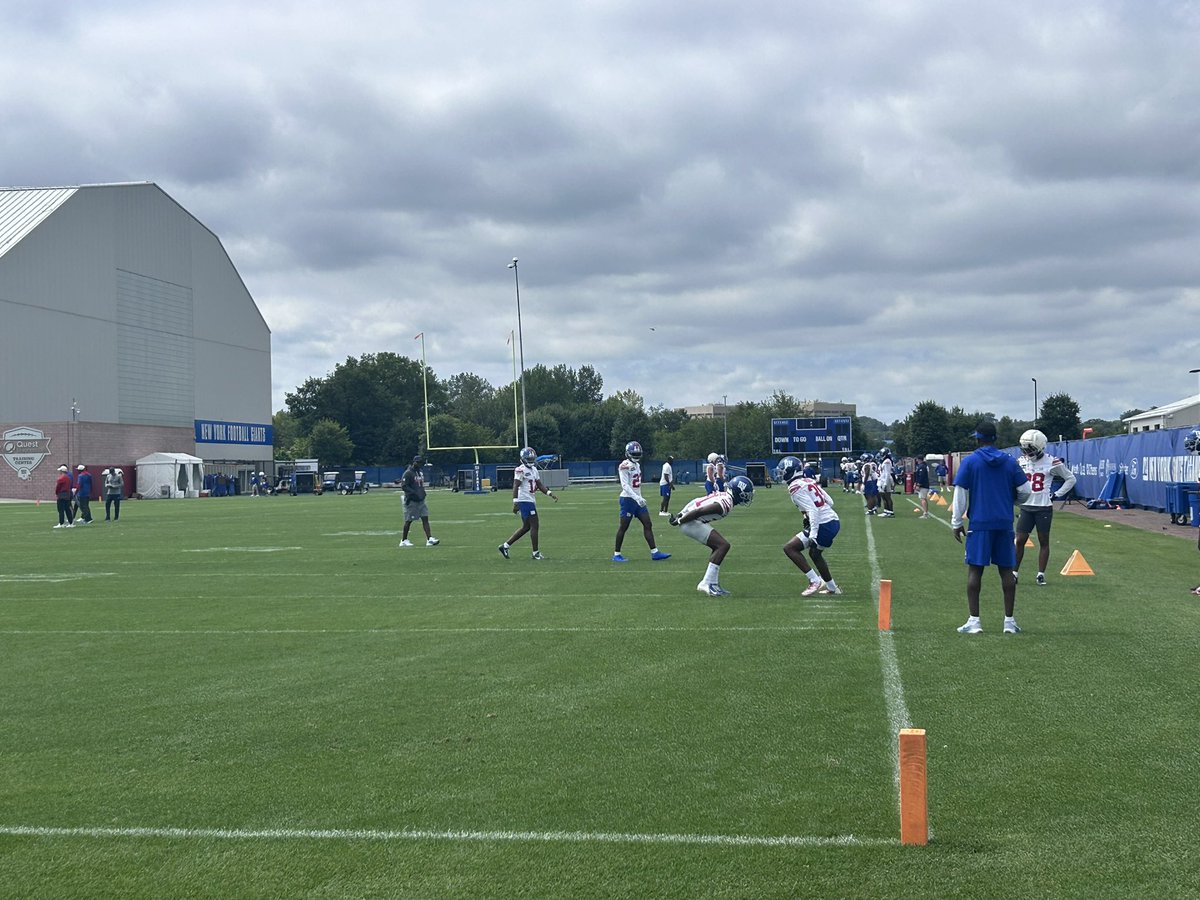 PLeonardNYDN's tweet photo. Giants practice in shells (close to full speed but no hitting) just ended:

Malik Nabers did one release rep in 1-on-1 routes (no QB or ball), and his right leg didn’t seem to support his plant/cut well. He regained his balance after the stumble but immediately stepped out of the drill 

Nabers later took his first ‘live’ rep of camp in 11 on 11. Jogged his route with a limp. Took a second rep later and ran it relatively normally

Took two more on the goal line, didn’t see a target. Then caught three passes from Jaxson Dart in 7 on 7. Release looked better there but still limping 

After his third catch, where he jumped a bit and landed uncomfortably, Nabers walked off slapping himself in the helmet. And he didn’t do anything more in team

Nabers then left that field and did some individual releases with trainers on another field

Practice ended with Abdul Carter pick 6 of Dart after a Kayvon tip, then Ar’Darius Washington INTd Jameis Winston 

Center John Michael Schmitz is back from his concussion. Suited up and practiced, although his snaps were limited

Colton Hood and Bobby Jamison-Travis both received some attention from trainers during the practice

OBJ drew a DPI in the end zone on Hood (on a target from Dart). Later, OBJ caught a pass from Jameis and spun the ball down on the ground for the first down. He wore sweats on a hot day and seemed gassed late, also did push ups after turning the wrong way on a deep target

DNPs: WR Jalin Hyatt, RB Turbo Miller, DL Josh Tupou 

A new LB Chandler Martin was on the practice field in a 55 jersey with no number #talkinball @NYDailyNews