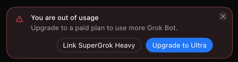 navanjr's tweet photo. Thought I'd checkout the one week free trial of @bot (Grok Bot). It lasted about an hour. 😢 https://t.co/cpVh9O7rPq