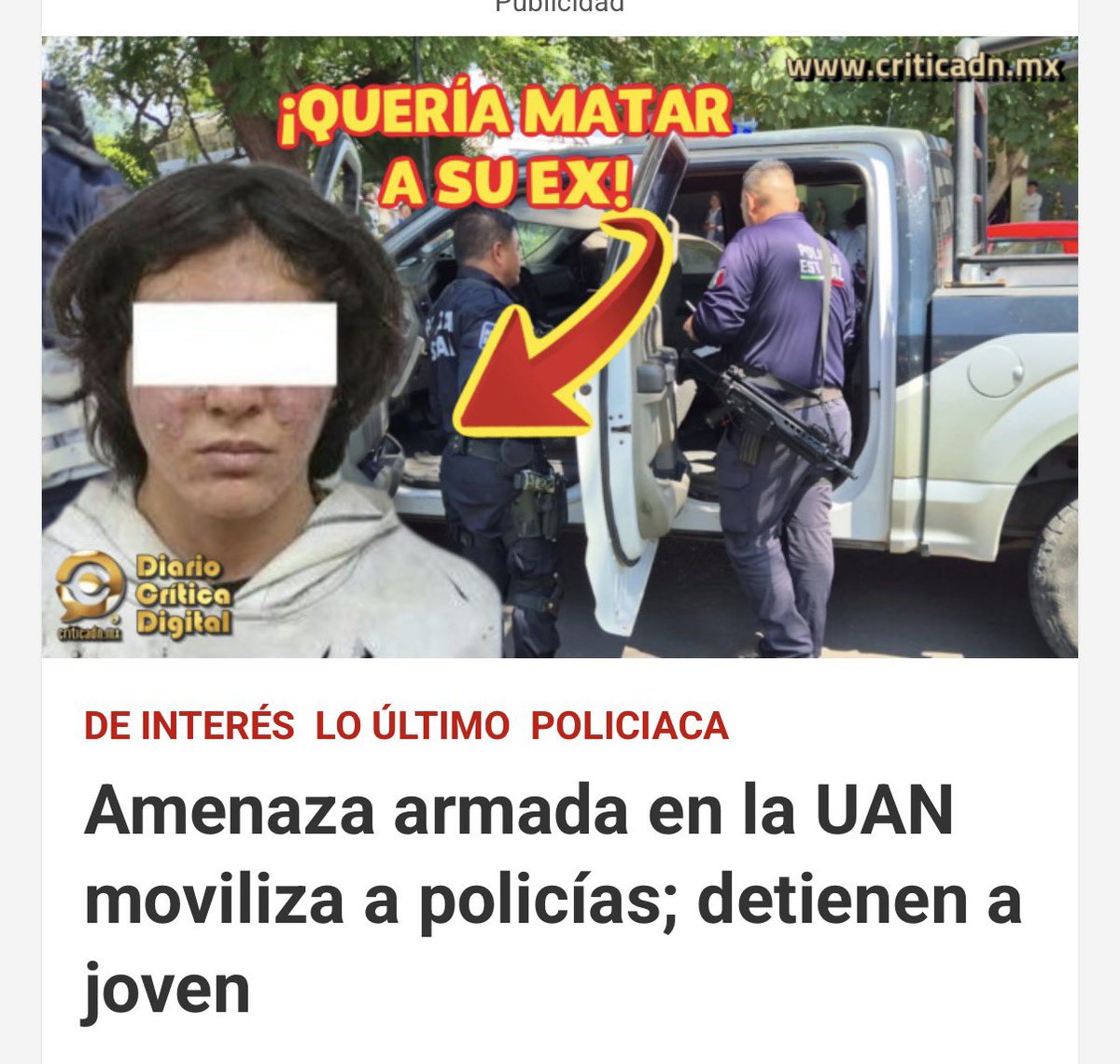 criticadn's tweet photo. ©️🗣️ Un #joven que estaba #armado amenazó con una #pistola a su #exnovia en la facultad de enfermería... por fortuna no hubo personas lesionadas gracias al pronto actuar de la policía. ‼️😱
#DiarioCríticaDigital
⬇️ Detalles de la noticia aquí ⬇️
https://t.co/KS0qYqAcdl https://t.co/ec33Q0MHzP