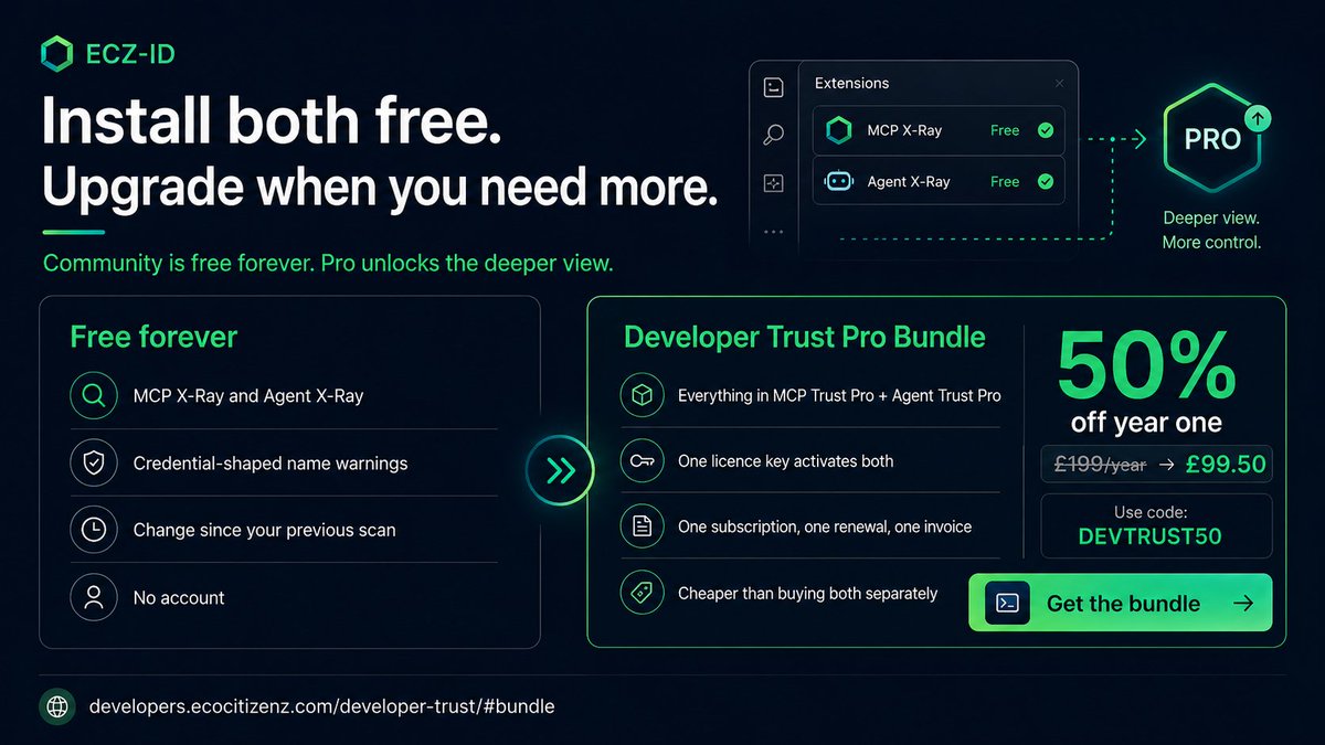 EcoCitizenz's tweet photo. Your MCP configuration can be valid while the agent’s reachable authority changes around it.

Developer Trust reads both sides:

MCP capability + change.

 Agent reach + authority relationships + action-chain indicators.

One licence. Both Pro extensions.

https://t.co/EKeGD2XOAU https://t.co/81CjpxLjps