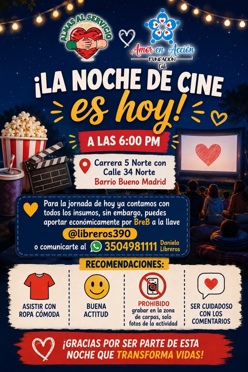 Natalia01015847's tweet photo. En el Barrio Bueno Madrid, detrás del parque del chontaduro, hoy abra noche de cine solidario, asiste y se parte de un momento de alegría entre tanto dolor para los niños 🙏 #SOSCALI #COLOMBIA #PandillaGateX https://t.co/QycqGMffsT