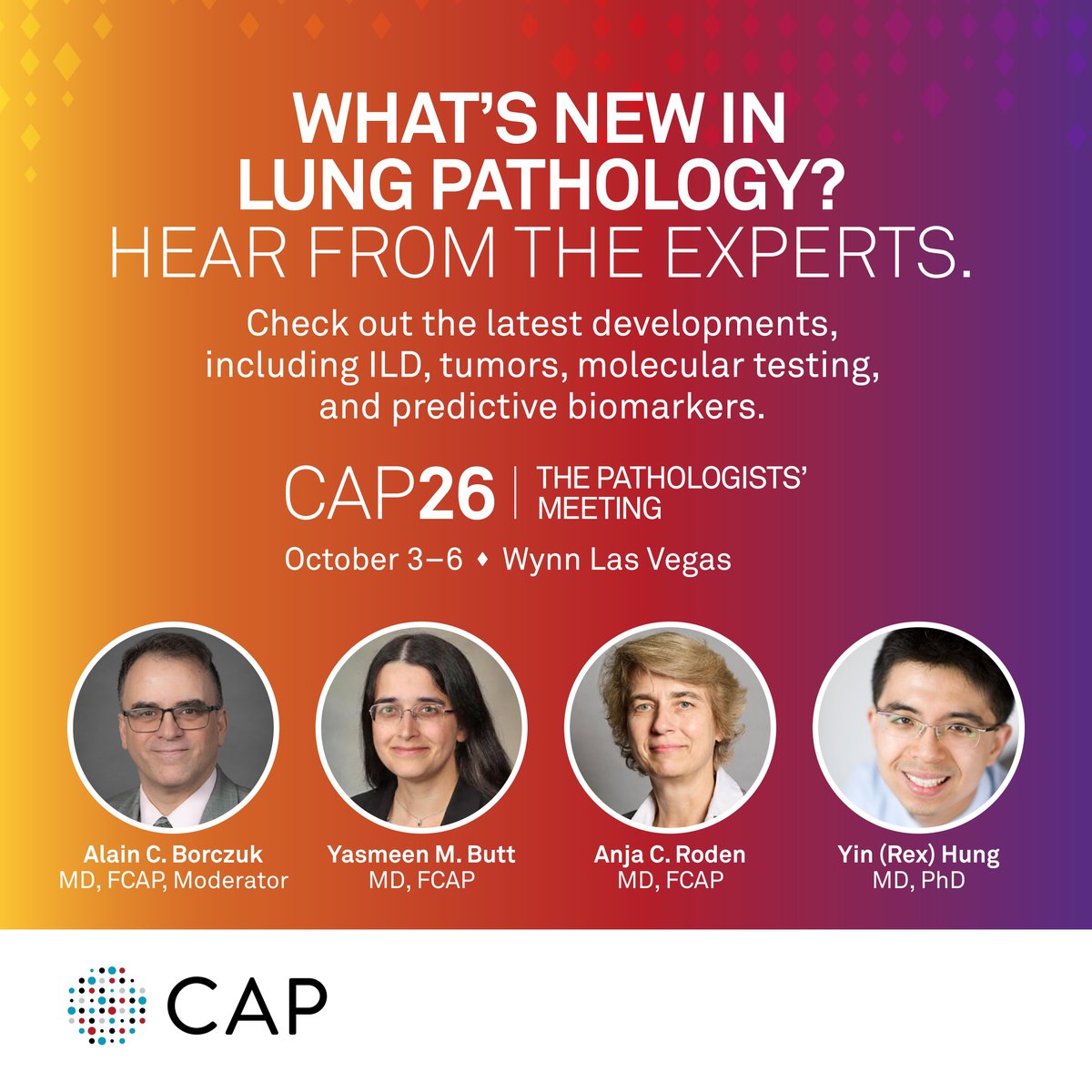 Pathologists's tweet photo. Join Drs. Alain Borczuk, Yasmeen Butt, Anja Roden &amp; Yin Hung for Don't Hyperventilate! Breathing Hope Into Lung Pathology at #CAP26. 

Explore ILD updates, lung neoplasms, biomarkers, molecular testing &amp; more. https://t.co/gjBkiIdwxz https://t.co/5NpZBVvOk2