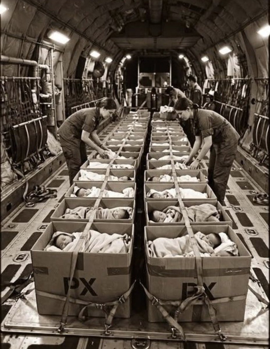 SandraBurgex's tweet photo. April 1975: As Saigon fell, Operation Babylift evacuated Vietnamese orphans to America. On the first C-5A flight, 243 babies were aboard—many strapped into cardboard boxes. 12 minutes after takeoff, the rear door blew off. The crash killed 138 people, including 78 babies. https://t.co/NJ4DDvwF9q