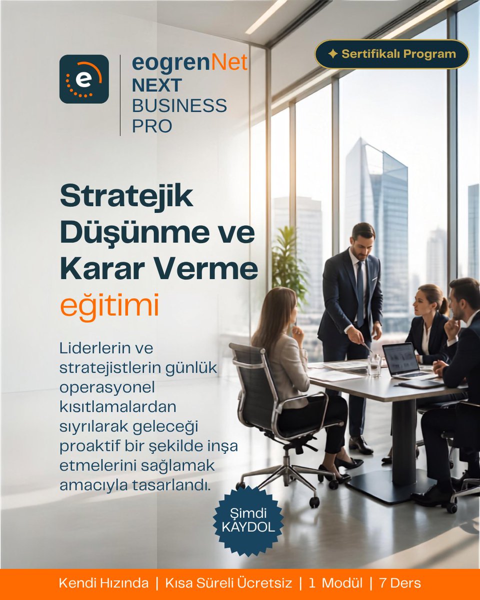 eogrenNet's tweet photo. Liderlerin ve stratejistlerin geleceği şekillendirmelerine olanak tanıyan "Stratejik Düşünme ve Karar Verme" eğitimi.  Detaylar ve kayıt için hemen tıklayın! 
https://t.co/Fq0NUIV4aA

#eogrenNet #StratejikDüşünme #KararVerme #Liderlik #Eğitim https://t.co/pnHeqFuoCL