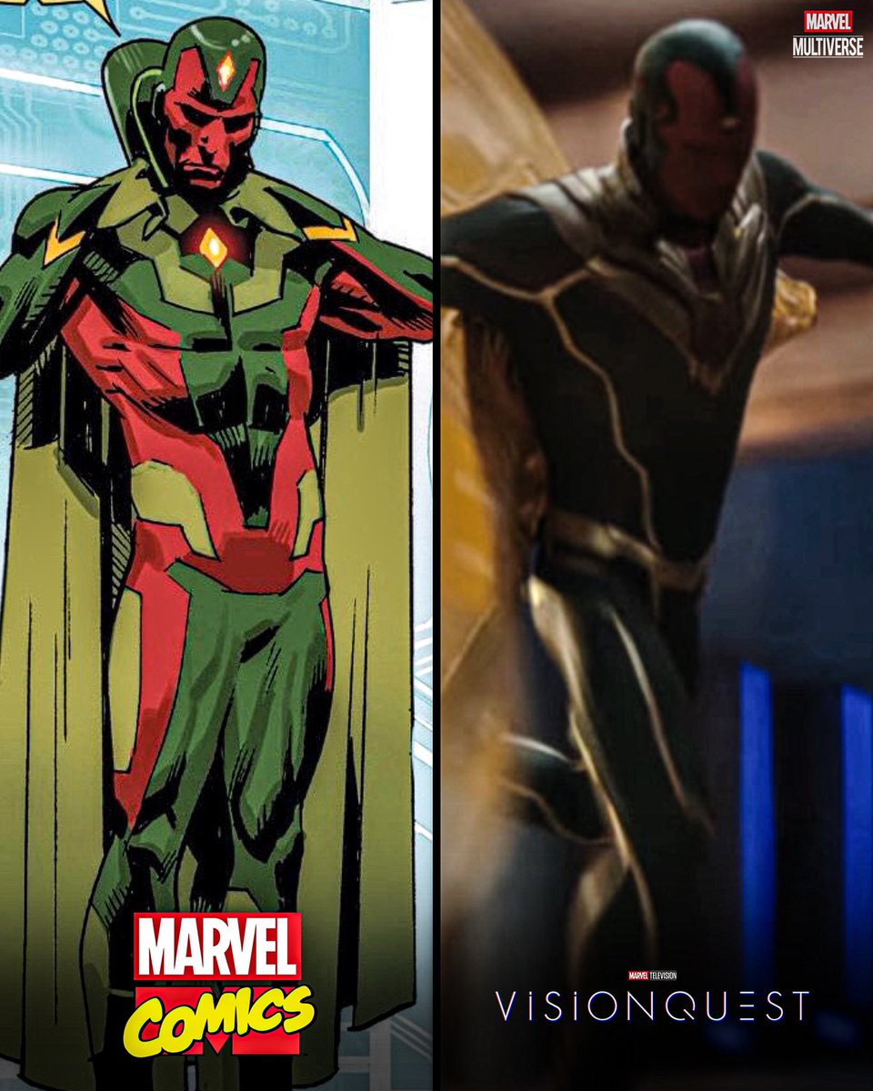 MarvelMultive's tweet photo. Vision’s new green-and-gold suit in ‘VISIONQUEST’ brings elements of his classic comic design to the MCU. https://t.co/Ke4vafz3gQ