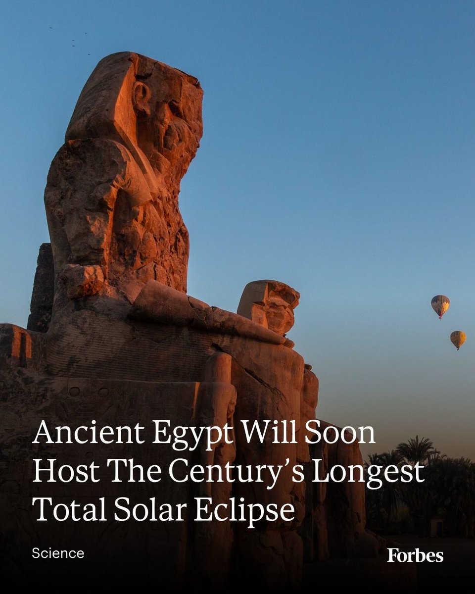 Forbes's tweet photo. Ancient Egypt’s former capital is about to become ground zero for the world’s eclipse chasers. On Aug. 2, 2027, the moon’s shadow will cross Luxor shortly after 1 p.m. local time, bringing 6 minutes 19 seconds of totality to the ancient city.
Read more: https://t.co/EDkORCK4G9
Photo: Getty Images