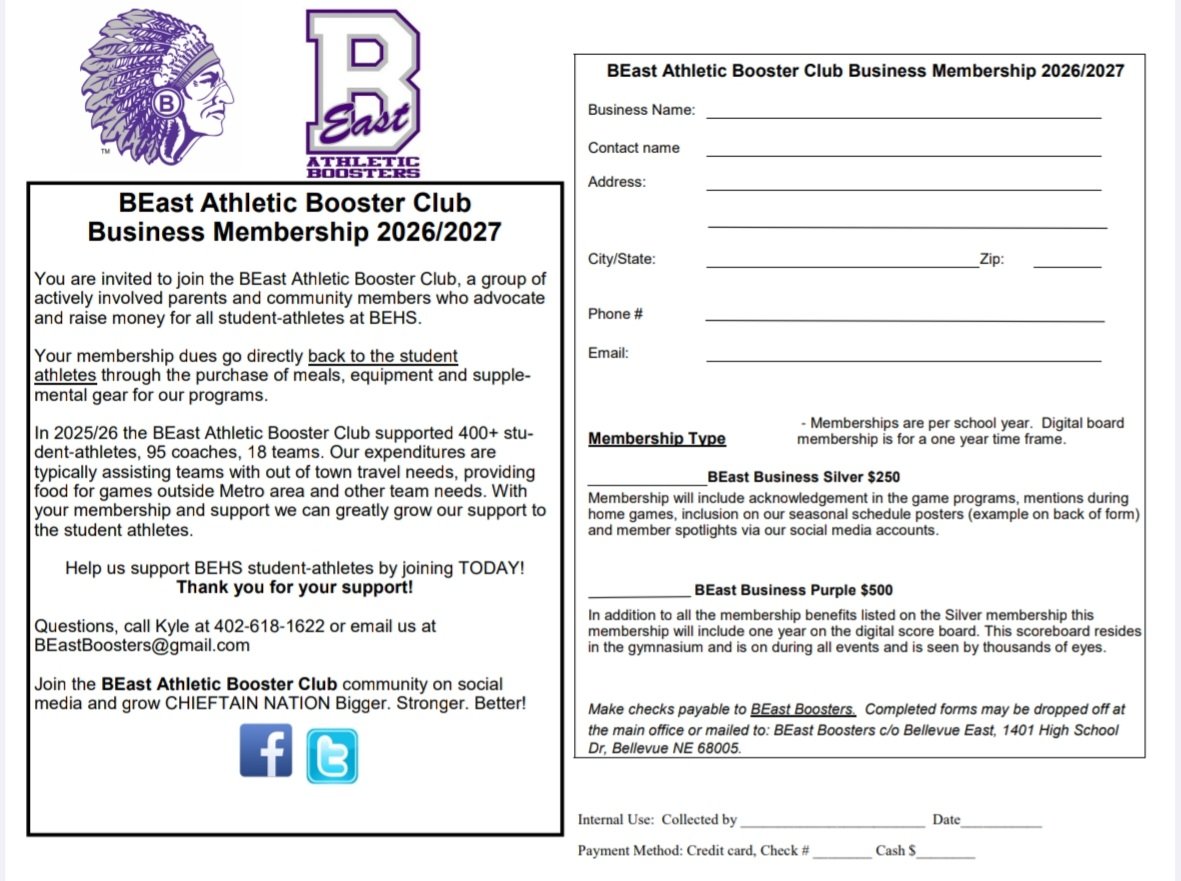 BEast_boosters's tweet photo. Good evening Chieftain Nation. Just wanted to share images of our membership forms and schedule poster for Fall. Please reach out here or beastboosters@gmail.com if have questions. @ChieftainNation @BEastAthletics_ @BellevueEastFB @beast https://t.co/5EklNHFyix