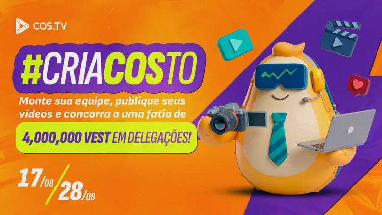 ContentosBrasil's tweet photo. #CriaCOSto começou! Monta seu time, posta vídeos e disputa 4.000.000 em VEST Delegations. Inscrições até 28/08. Bora 🏆 https://t.co/UiteqGdvoR
