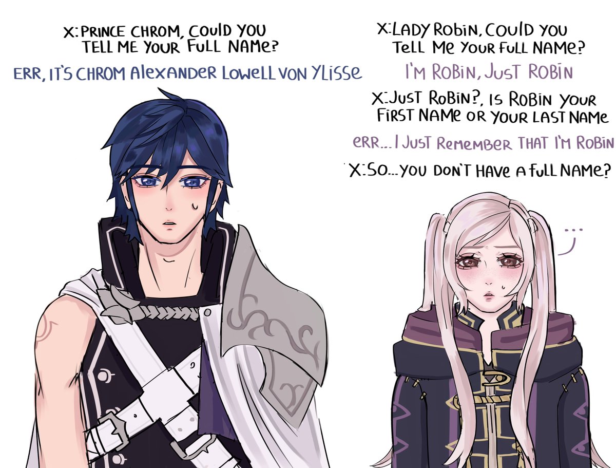 frecitaespacial's tweet photo. Well, here are those name headcanon ideas in a drawing :D alsoo I feel like Robin finding out 'Robin' can also be a last name, and questioning if it's even her real name, would definitely be on her list of reasons to reject Chrom, though that's a story for another day :P https://t.co/TtiGZJKNin