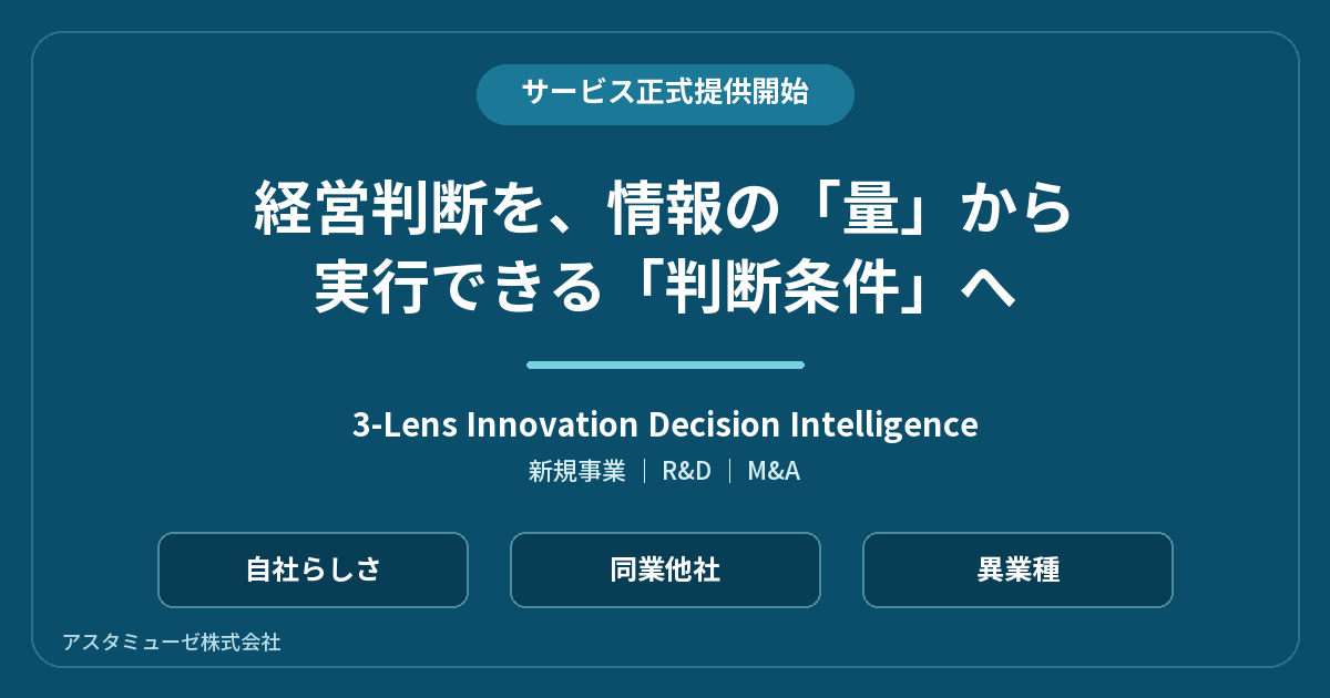 astamuseCom's tweet photo. 新規事業・R&amp;D・M&amp;Aの意思決定を、情報の「量」から実行できる「判断条件」へ。 顧客企業の個別課題に応じて実施してきた経営判断支援を体系化した新サービスの正式提供を開始しました。 自社らしさ・同業他社・異業種の視点から、選択肢の優先順位や実行経路を整理します。
https://t.co/zlI0aWh0jX https://t.co/UU4BnujTZR