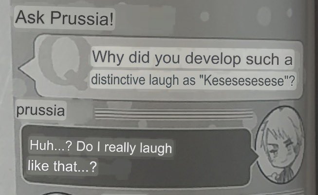 aethureal's tweet photo. Prussia doesn’t realize he laughs like that he’s kinda fucking moe https://t.co/RsvmfEgn81