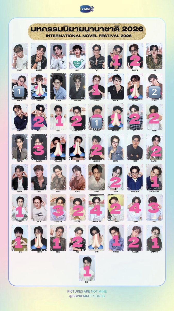 t0omatp's tweet photo. GMMTV ブックフェア ランダムカード トレカ グッズ 譲渡 
#งานมหกรรมนิยายนานาชาติ2026xGMMTV 

【譲】👓🔢 (Pond. William. Santa. Junior 等)

【求】買取 140円/枚(+送料)

ご希望の方はリプor DMお願いします🙇
PayPay（❌マネーライト）or銀行振込希望、郵送希望📮 https://t.co/l0Lk6hvcj3