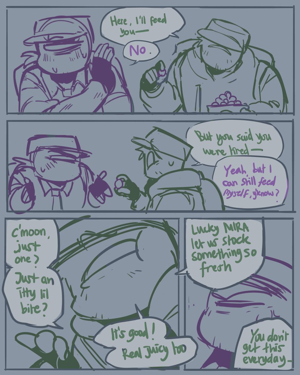 Amonguys7's tweet photo. As a slight breather, crewmate Green trying to feed Purple some grapes :^) 

#Amongus #amongusshow #cameraworm https://t.co/foFUrOLY4F