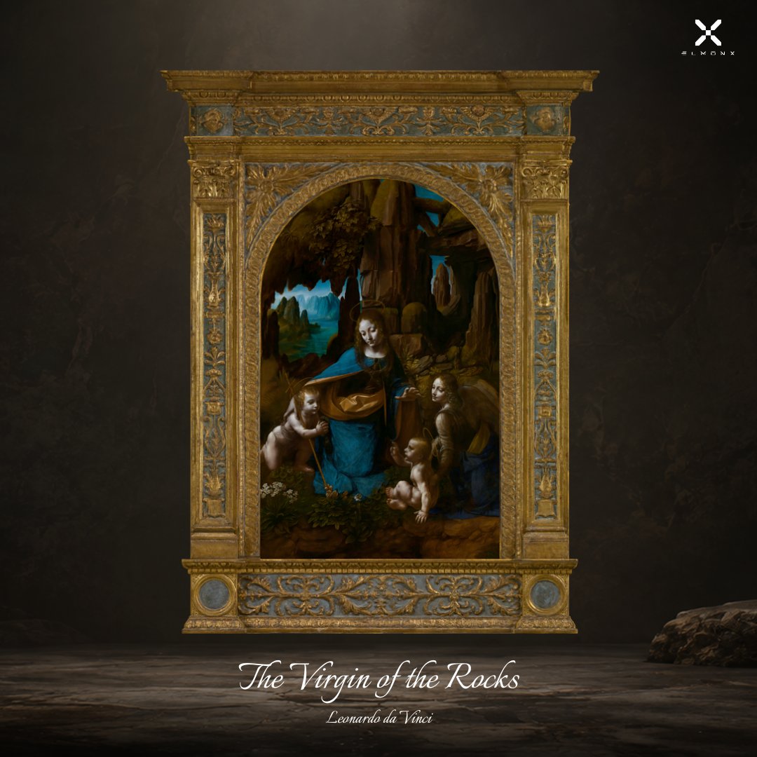 elmonx_official's tweet photo. Leonardo painted this composition twice 🕯️ 

One hangs in the Louvre. The other, colder, stranger, haloed, worked on across two decades, is in London. 

The Virgin of the Rocks arrives Friday 21 August, 7AM PT ⛰️ Edition of 70. 

X Coins are now available in the app and on the website 📱 

https://t.co/xhldU1rXWx