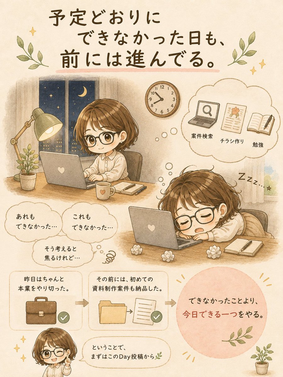 soraaru_moco's tweet photo. 「予定どおりにできなかった日も、前には進んでる。」

昨日は22時まで残業。
帰ってから、やりたいことはたくさんありました。

🌱案件検索もしたい。

🌱チラシも作りたい。

🌱勉強も進めたい。

🌱皆さんのXも見に行きたい。

……でも、気づいたら朝でした（笑）

「あれもできなかった」
「これもできなかった」
そう考えると焦るけれど、

昨日はちゃんと本業をやり切った。

その前には、初めての資料制作案件も納品した。

毎日、予定したことを全部できるわけじゃない。

できなかったことより、
今日できる一つをやる。

ということで、まずはこのDay投稿から🌿