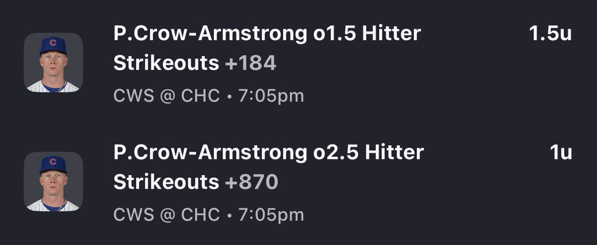TheHawkBets's tweet photo. Definitely a hate bet, but +870 is way too high for Castillo coming off his best outing of 2026, and PCA having 3+ strikeouts in 3 of his last 5 games🫪🤣
#Cubs #WhiteSox https://t.co/kd2U1CK1ui