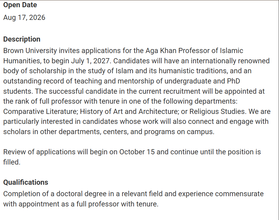shahanSean's tweet photo. 📢Job Announcement📢
Aga Khan Professor of Islamic Humanities - @BrownUniversity 
https://t.co/bzLT7PNRYi https://t.co/fzgl65Gntz