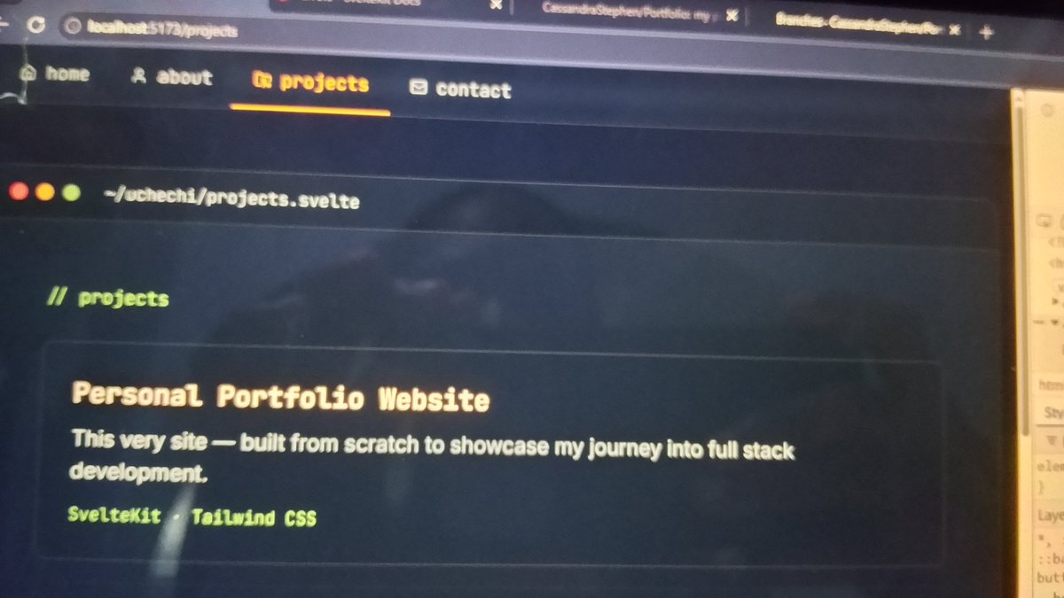 Belle_Builds's tweet photo. Believe me, two weeks ago, sveltekit was a strange word to me 😅.

But today, I shipped my "portfolio site", built, designed and deployed by me.

First project done but we're not yet dusted 😂.

Onto the next! 

(Link in comments) https://t.co/wTuUFkHTId