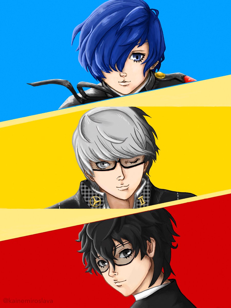 kainemiroslava's tweet photo. Comission! Persona 3, 4 and 5 protagonists https://t.co/jbCAueWYXX