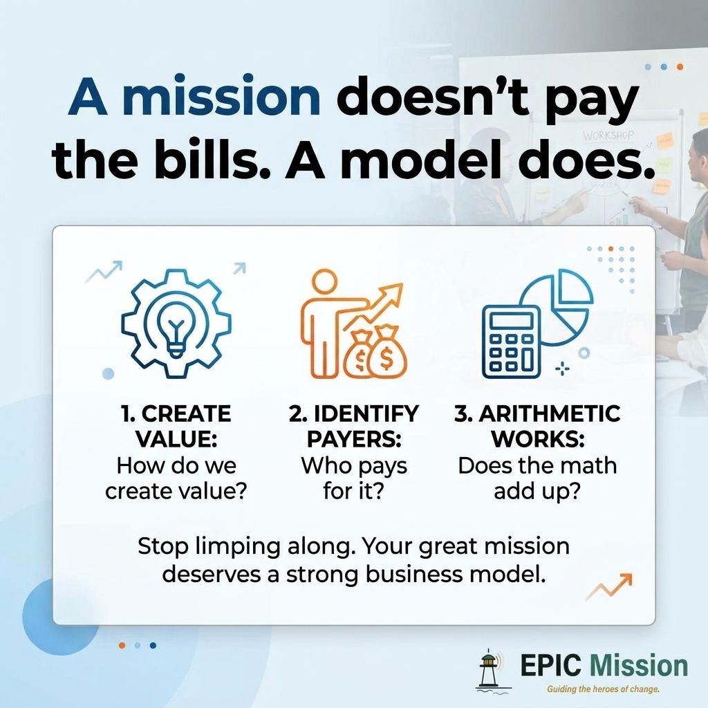 YourEPICMission's tweet photo. A great mission attached to a model that does not add up is the quiet heartbreak of this work.

Business model design answers three honest questions: how you create value, who pays, and whether the math works. https://t.co/wgHf0ZuYiq