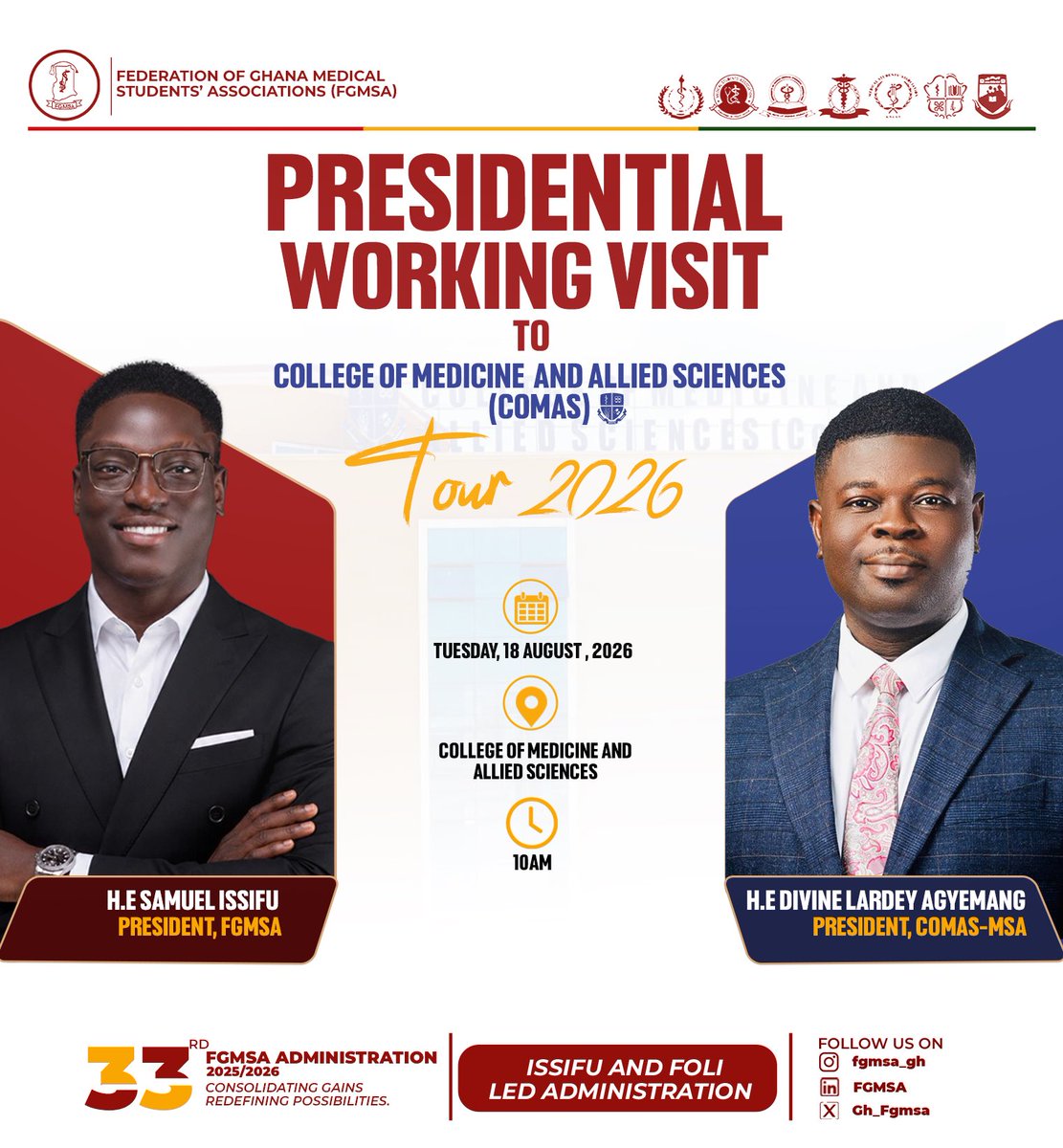 PoetKearls's tweet photo. There is something hopeful about witnessing an institution at its beginning. 

Tomorrow, my Presidential Working Visit takes me to CoMAS for the inauguration of its pioneer student leadership

A new medical student community begins, and perhaps, a future FGMSA family member 🩺 🇬🇭 https://t.co/z7GE6wxa02