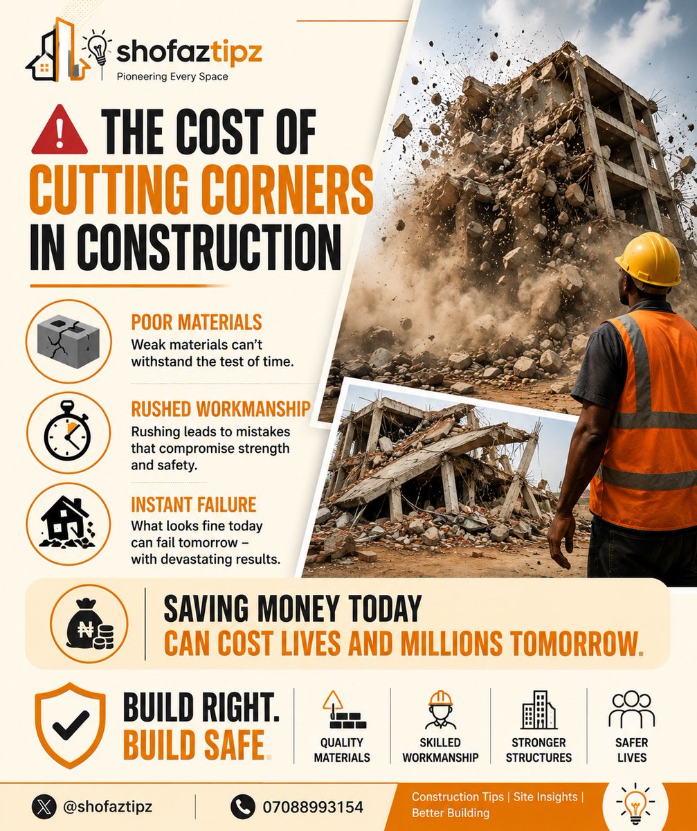 shofaz28's tweet photo. 🚨 The Cost of Cutting Corners in Construction

Poor materials + rushed workmanship = failure waiting to happen.

Saving money today can cost lives and millions tomorrow.

Build right. Build safe. 🏗️

#Shofaztipz #ConstructionTips #BuildingSafety https://t.co/faLIG2bJr0