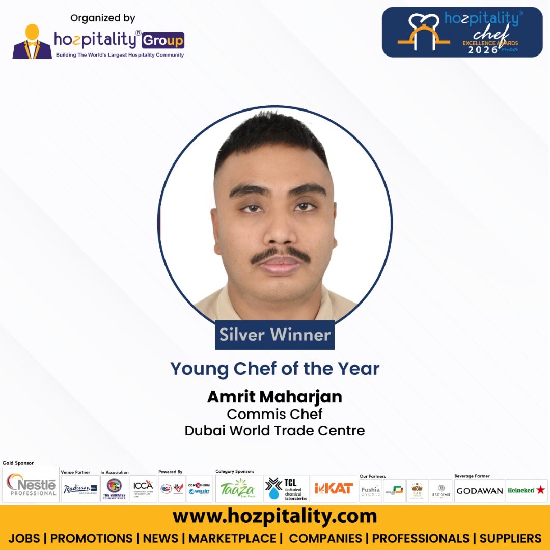 hozpitality's tweet photo. Amrit Maharjan from Dubai World Trade Center won Silver Young Chef of the Year in the Middle East Chef Excellence Awards 2026
https://t.co/bBd4tst4U9
#ChefExcellenceAwards2026 #HozpitalityGroup #DubaiWorldTradeCenter #YoungChefOfTheYear #SilverWinner #CommisChef #Emirates https://t.co/rF5SLNQ8xb