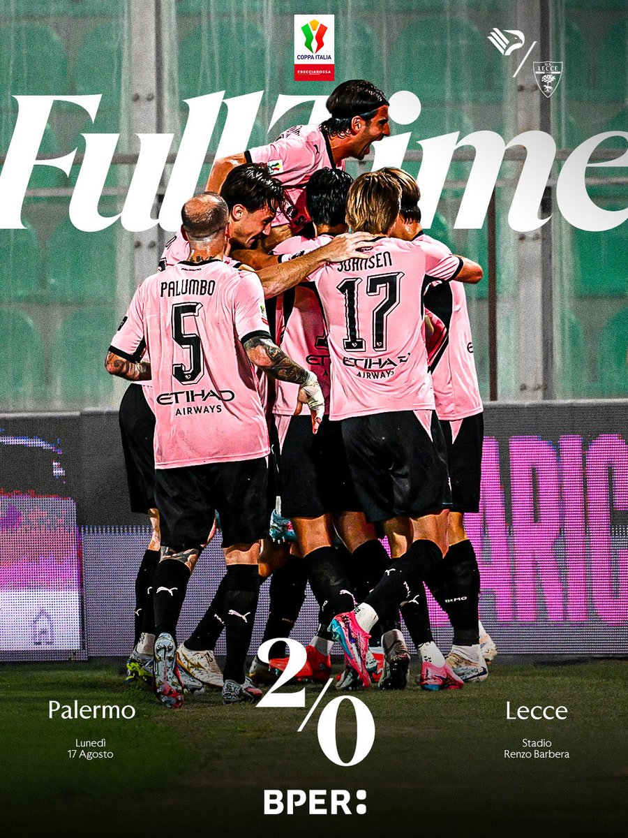 Palermofficial's tweet photo. FULL TIME ⏹️

Vinciamo la prima gara ufficiale davanti ad un pubblico meraviglioso e avanziamo in #CoppaItaliaFrecciarossa 🩷🖤

#PalermoLecce 2️⃣-0️⃣ https://t.co/IiAWU7WZTK