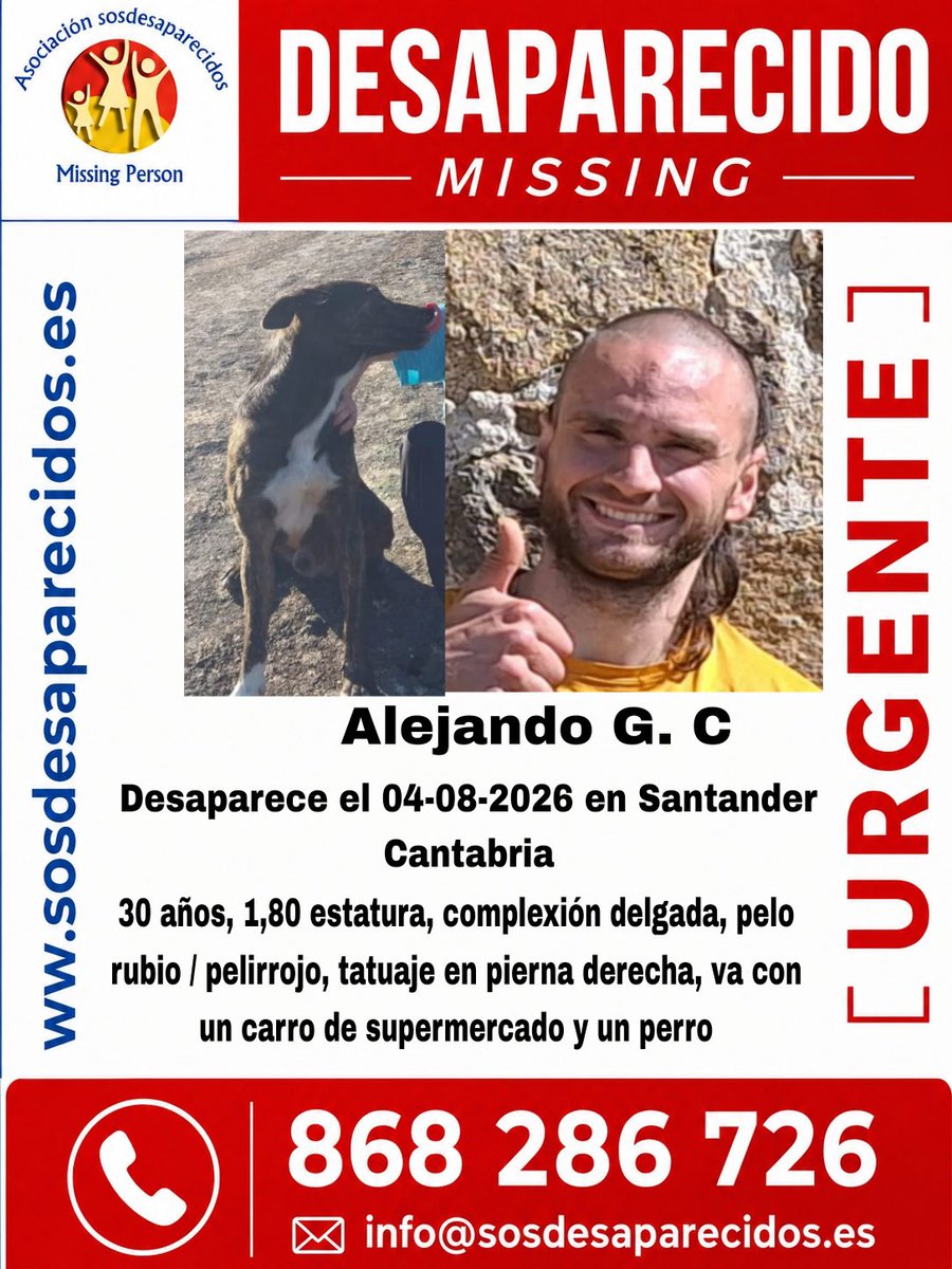 Postureo_CANT's tweet photo. 📢 DESAPARECIDO URGENTE 📢

Alejandro desapareció junto a su perro en Santander (Cantabria)

🙏🏻 Muchas gracias por la difusión 🙏🏻 https://t.co/yzSZJCOX5z