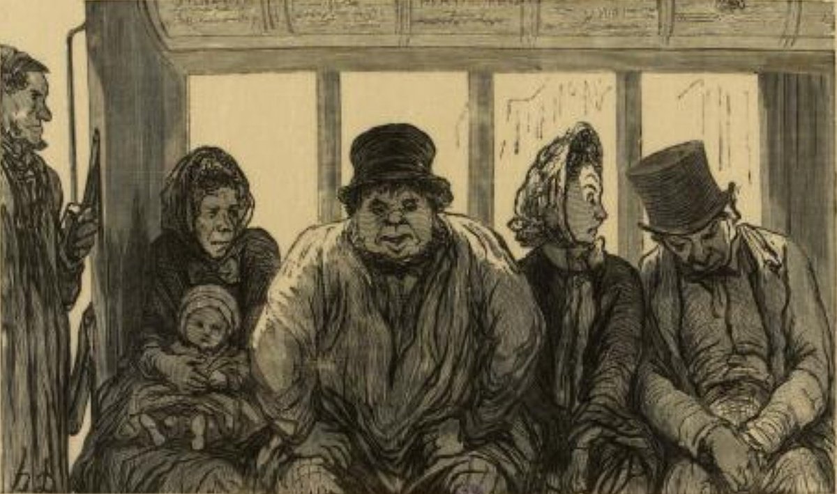 trefeca's tweet photo. @ahistoryinart Reminiscent of Delondre's 1885 Omnibus picture -- Carnavalet Museum, Paris.  Issue was that members of different classes had to sit together -- novel, shocking.  Daumier's much earlier drawing really gets this. https://t.co/AhUe1qOpQD
